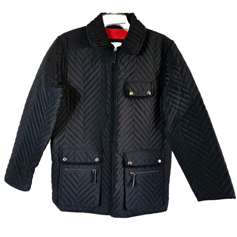 Liz Claiborne Black Winter Coat Jacket SMALL Quilted Chevron Red Fleece Lined